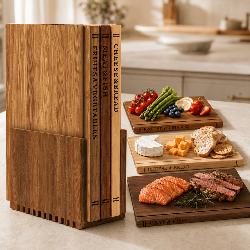 Acacia Wood Cutting Board Set 3-Piece with Stand – Book-Shaped Decorative Chopping Boards for Vegetables, Cheese, Bread & Meat, Kitchen Gift Set