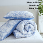 Soft Floral Comforter Set 3-Piece Easy Care – Lightweight Breathable All-Season Quilt with Pillowcases, Light Blue, White & Beige, Bed in a Bag Twin Queen King