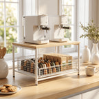 Kitchen Countertop Organizer with Drawer Wire Basket – Detachable Hardwood Metal Shelf for Coffee Maker Microwave Spices Utensils – White Black
