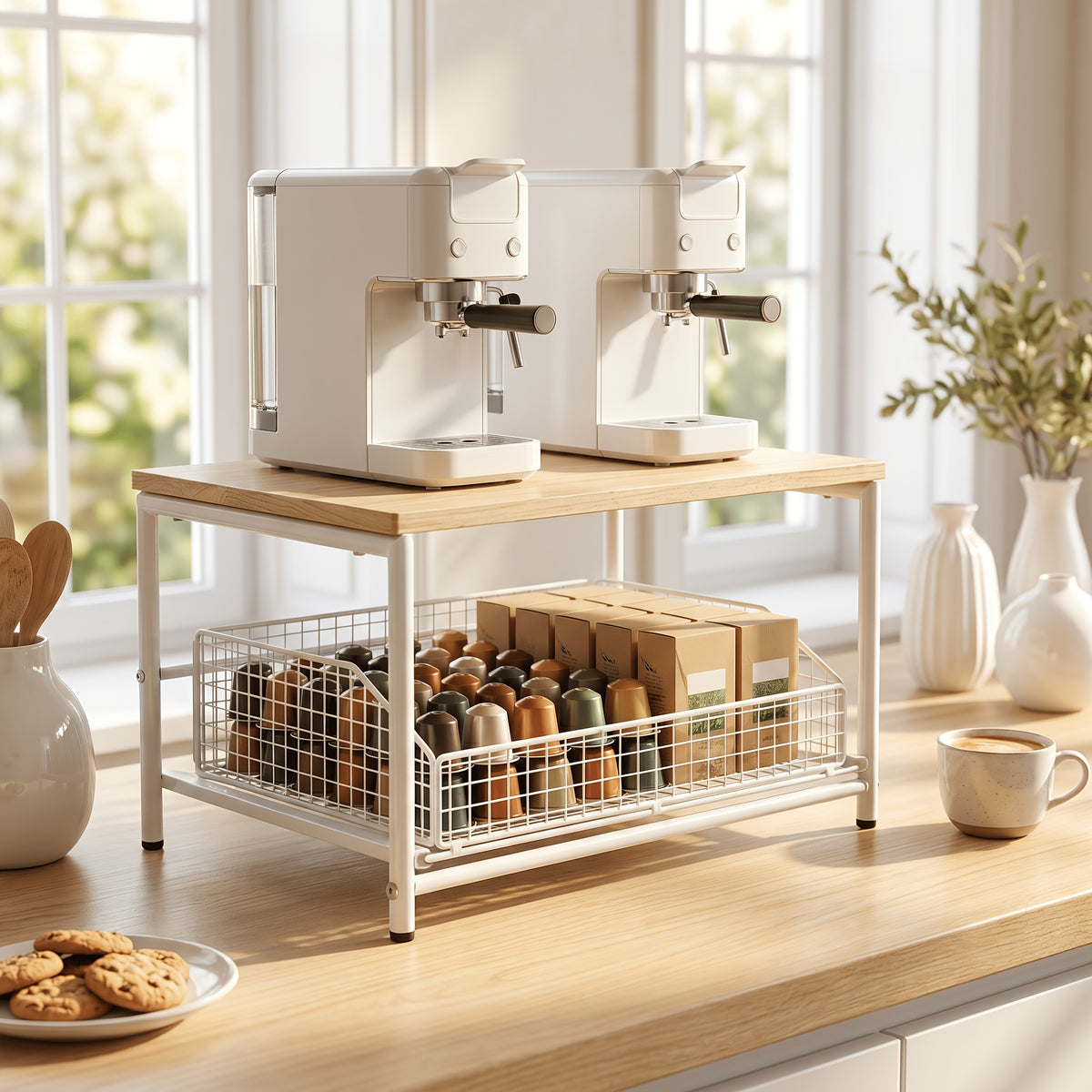Kitchen Countertop Organizer with Drawer Wire Basket – Detachable Hardwood Metal Shelf for Coffee Maker Microwave Spices Utensils – White Black