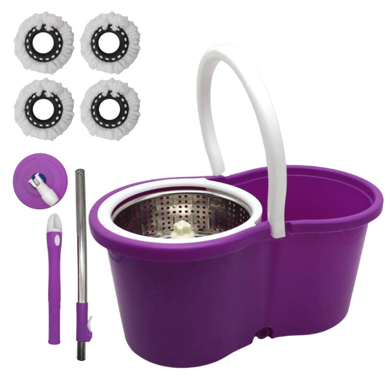 360° Spin Mop and Bucket Set with Wringer – Stainless Steel Extended Handle Spinning Mop Bucket System with 4 Microfiber Mop Refills for Hardwood Tile & Laminate Floor Cleaning