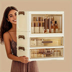 Makeup Organizer with Transparent Drawers 3/4 Tier – Foldable Large Capacity Stackable Cosmetic Storage Cabinet, Retro White & Gold Aesthetic Organizer for Skincare, Documents & Books, Elegant Girl Gift