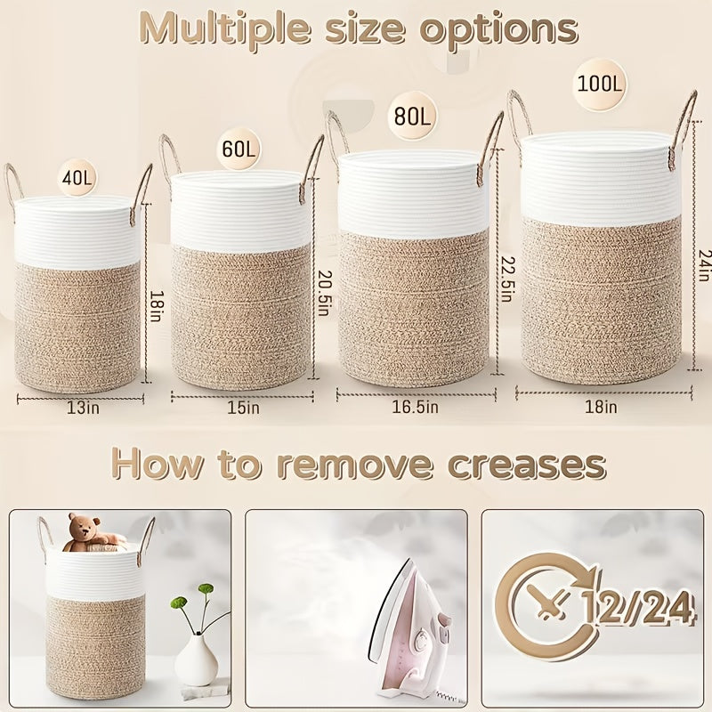 Collapsible Woven Rope Laundry Basket & Hamper - 4 Sizes (12-26 Gal), Cotton Rope Storage Basket for Dirty Clothes, Blankets & Toys, Boho Bathroom Nursery & Living Room Decor