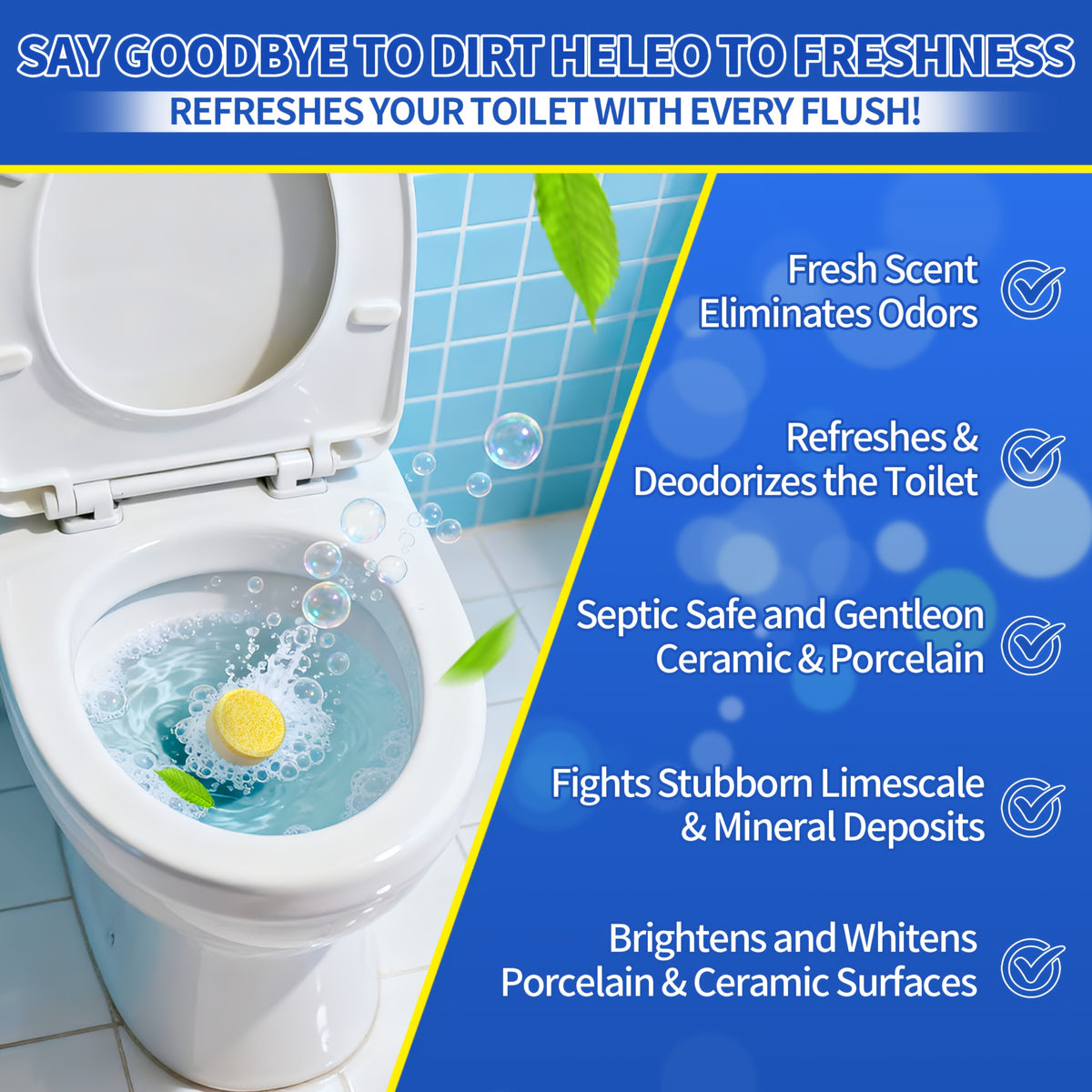 Lemon Toilet Effervescent Cleaning Tablets – Stubborn Stain Remover & Deodorizer, 12pc Cleaning Blocks or 24pc Bubble Tablets
