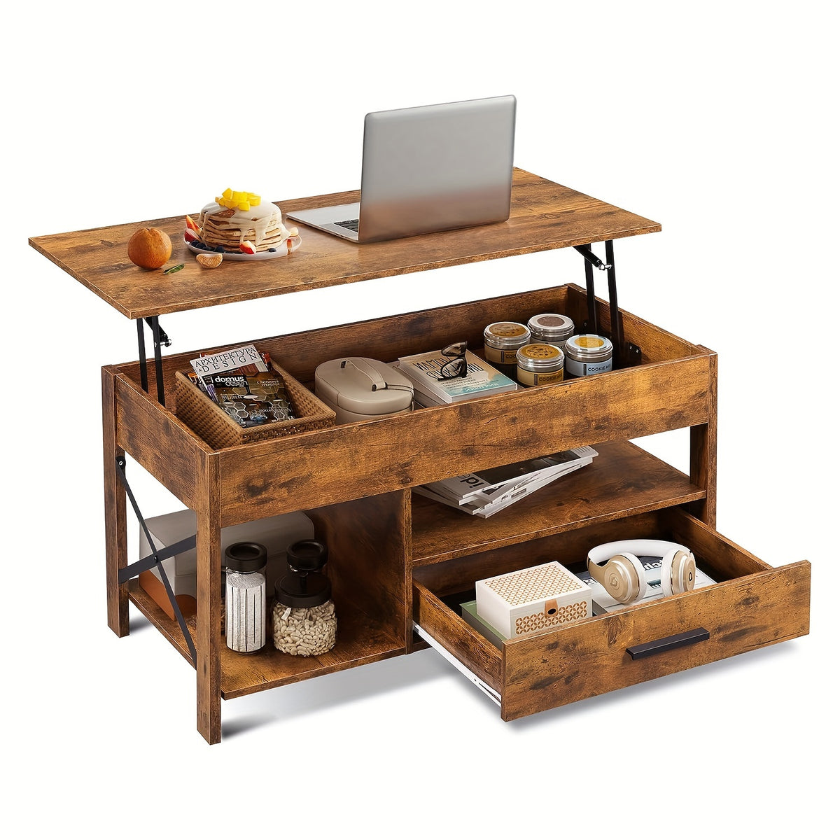 Lift Top Coffee Table with Storage Drawers & Hidden Compartment – Modern Wood Living Room Center Table, Space-Saving Multifunctional Design, 5 Colors