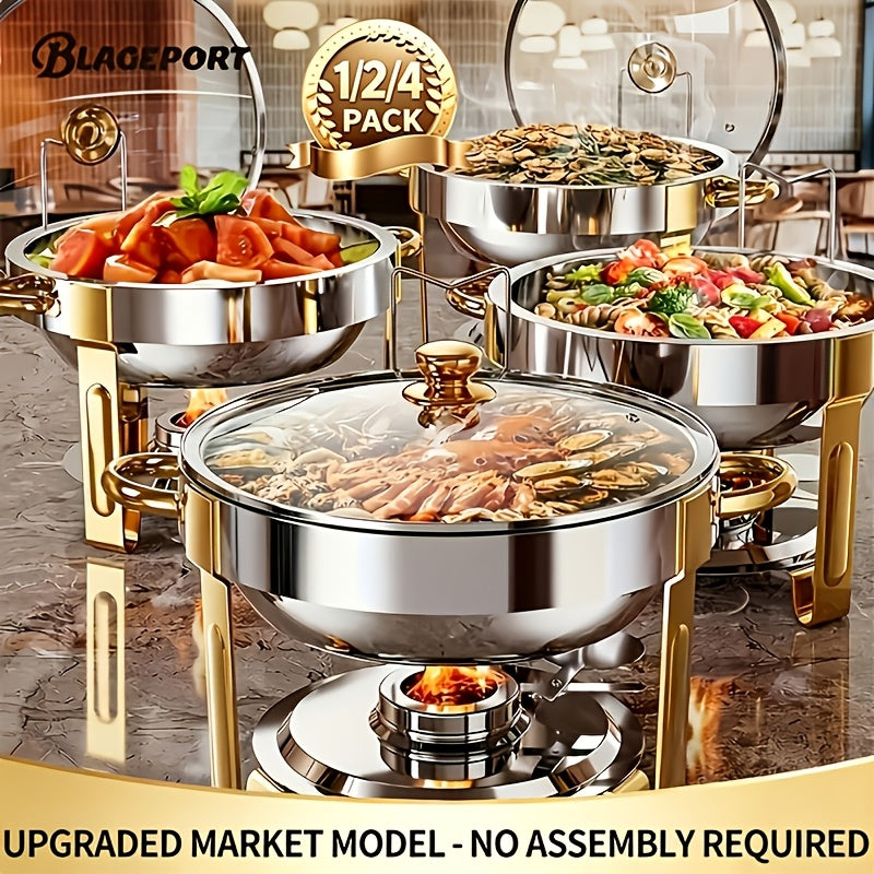 Stainless Steel Buffet Hot Pot Food Warmer Set with Glass Lid & Lid Rack, 5QT Round Chafing Dish for Party Catering Wedding – 1, 2 or 4 Pcs