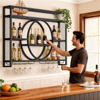 39 Inch Wall Mounted Bottle Rack with LED Lighting – 3 Tier Wine Glass Holder Floating Bar Shelf in Gold or Black for Kitchen Living Room & Home Bar