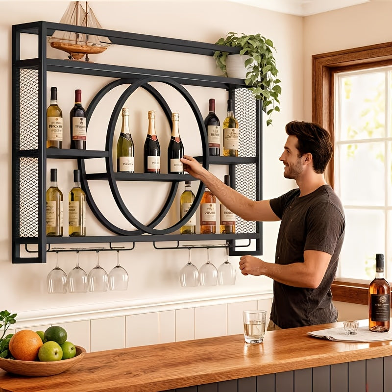 39 Inch Wall Mounted Bottle Rack with LED Lighting – 3 Tier Wine Glass Holder Floating Bar Shelf in Gold or Black for Kitchen Living Room & Home Bar