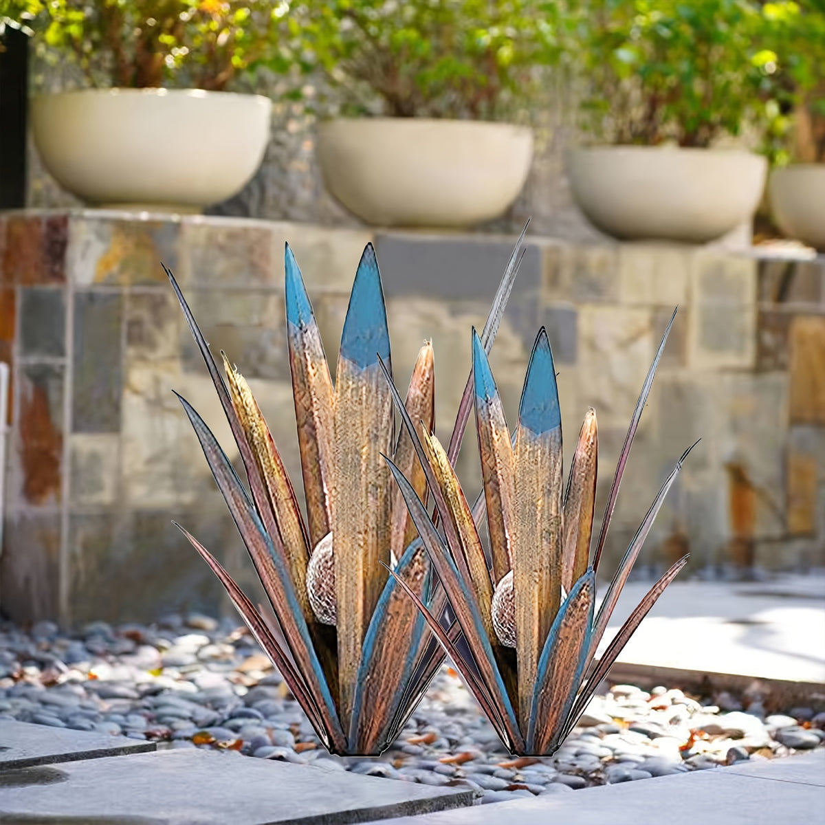 Metal Agave Solar Garden Lights Set of 2 (Large & Small) – Auto Dusk-to-Dawn Outdoor Stake Lights for Lawn, Courtyard, Garden & Patio Decor, 8 Color Options