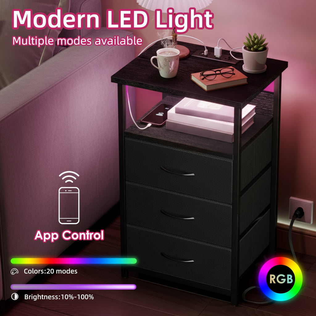 USB Charging Nightstand with 3 Drawers and Storage Shelf Side End Table Heavy Duty Night Stand for Bedroom Dorm Small Spaces USB Port and Power Outlet