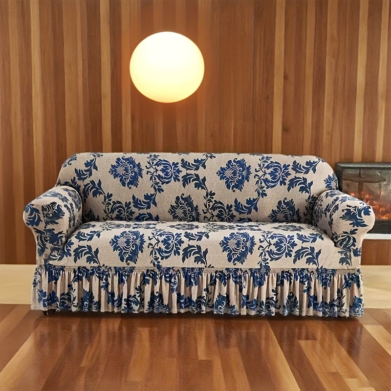Printed Skirt Design Sofa Cover with Anti-Slip Fixing Rods – High Elasticity Four-Season Fiber Slipcover Keeps Sofa Neat & Beautiful