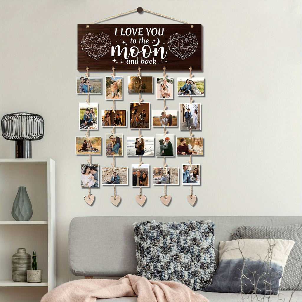 Wooden Hanging Photo Frame "I Love You to the Moon and Back" with 20 Clips, 6 Hemp Ropes & 5 Heart Tags – Romantic Wall Decor Picture Holder Gift for Couples, Anniversary, Wedding, Valentine’s Day & Christmas