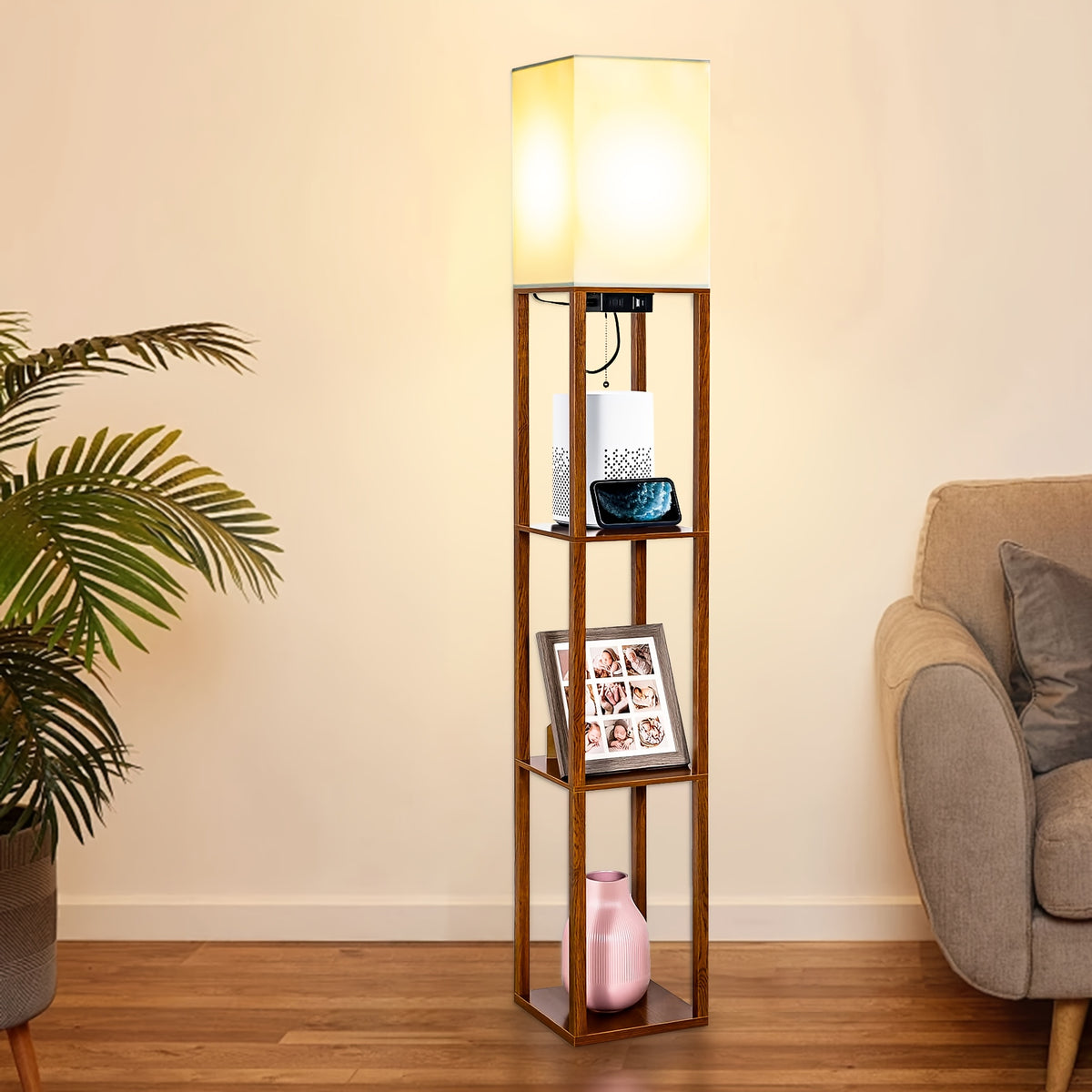 Floor Lamp with Shelves USB & Type-C Charging Port – Modern Column Standing Lamp with 9W LED Bulb, 3 Color Temperatures, AC Power Outlet for Living Room Bedroom Office