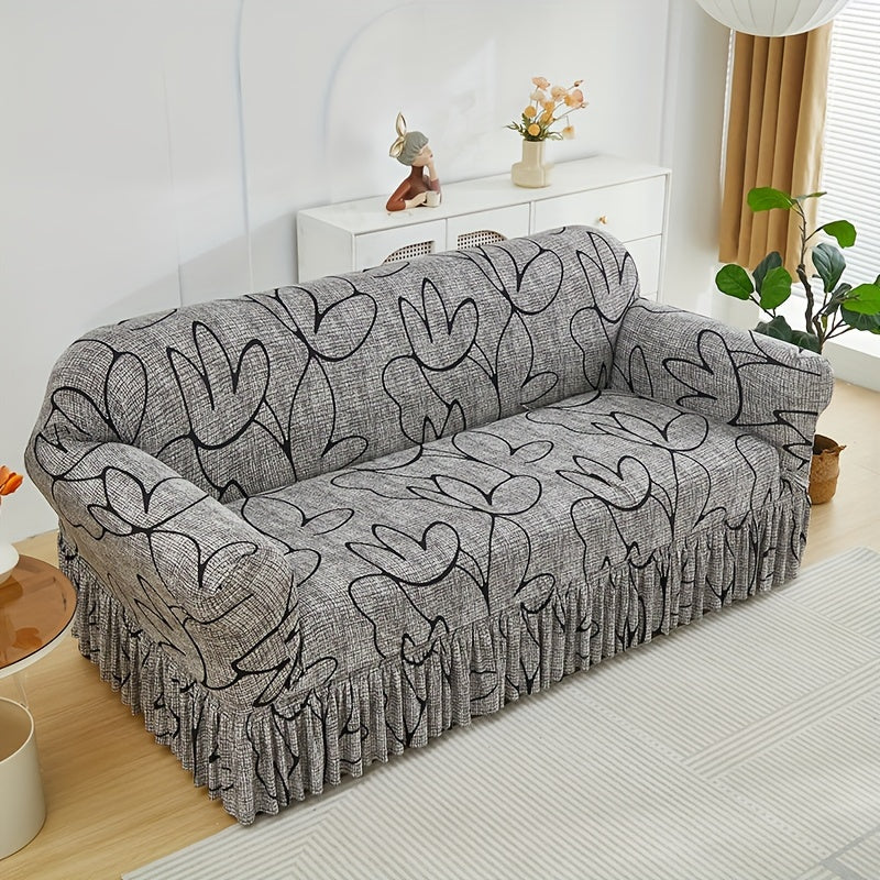 Elastic Sofa Cover with Printed Skirt - Universal Stretch Couch Slipcover Furniture Protector 2 3 4 Seater Living Room Bedroom Office All Seasons