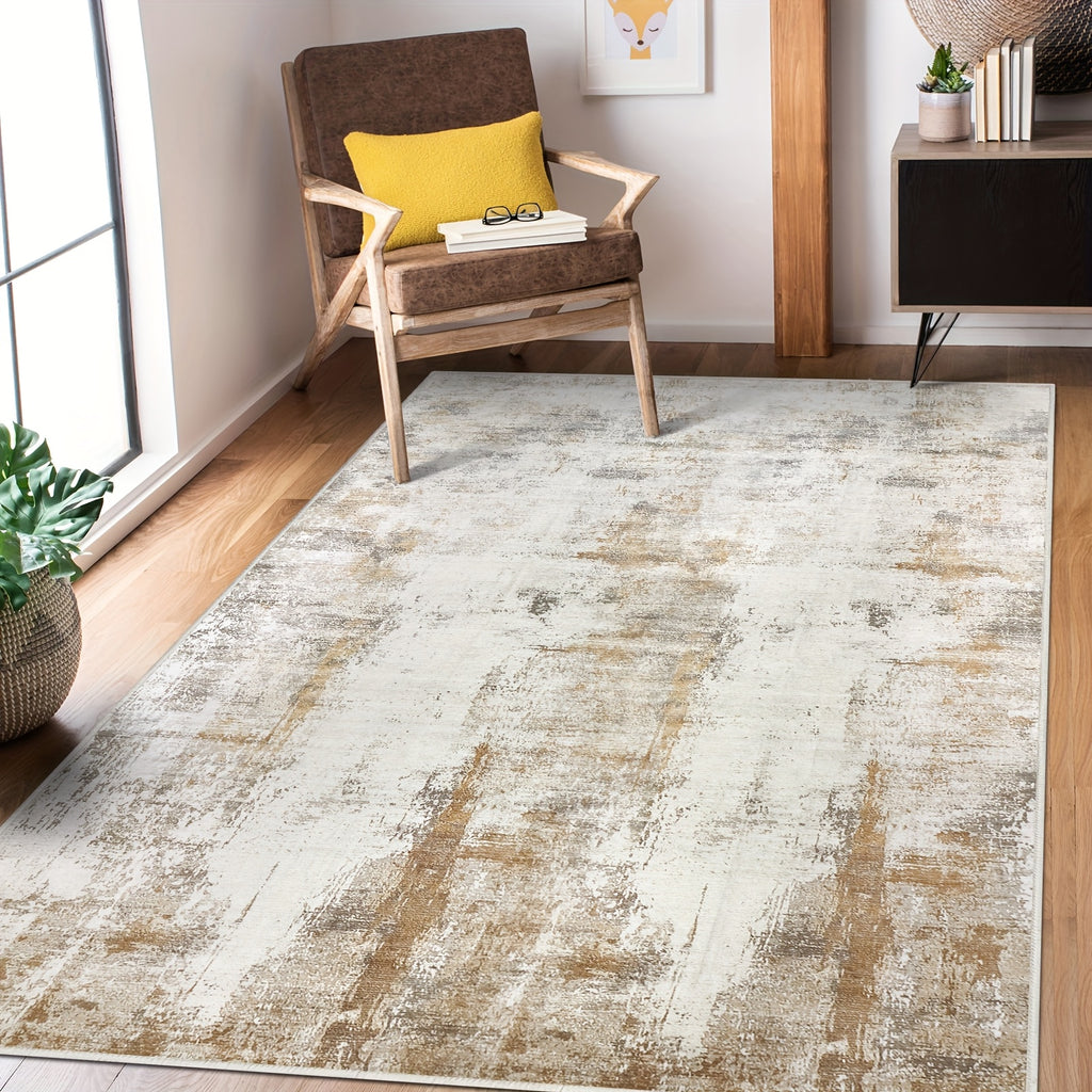 Modern Abstract Area Rug – Non-Slip Rubber Backing Washable Low Pile Rug for Bedroom Kitchen Entryway Dorm | Beige & Camel, 3 Sizes