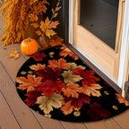 Fall Leaves Doormat Half-Round Non-Slip Indoor Outdoor, Red Orange Gold Autumn Leaf Design for Entryway Front Door Kitchen, 2 Sizes Thanksgiving Home Decor