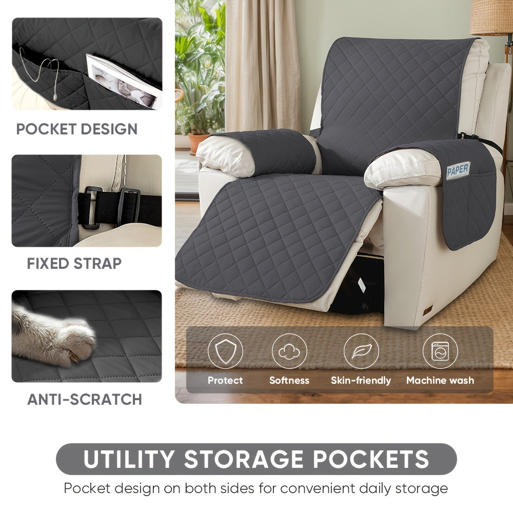 Recliner Chair Cover Waterproof Non-Slip, Oversized Recliner Slipcover with Side Pocket & Elastic Straps, Washable Furniture Protector for Dogs & Pets, Warm Cozy Chair Cover, 1 Piece