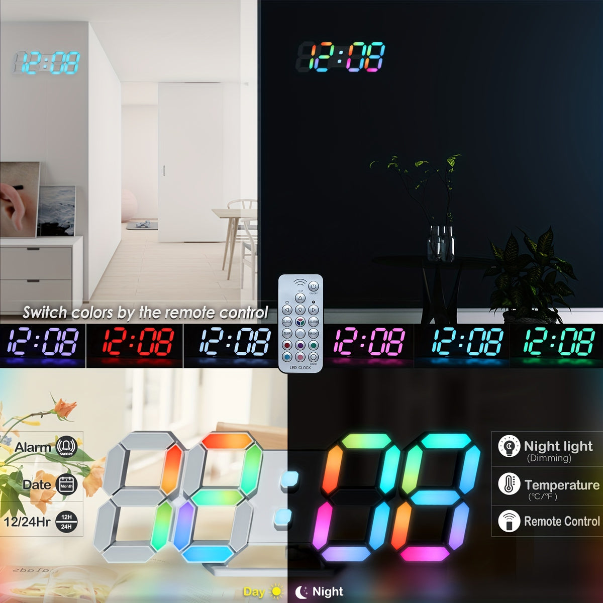 RGB Neon LED Digital Wall Clock 9.7" Large Display with Remote Control – 3D Aesthetic Alarm Clock, Adjustable Brightness, Date & Temperature Display for Bedroom, Living Room, Office, Gym
