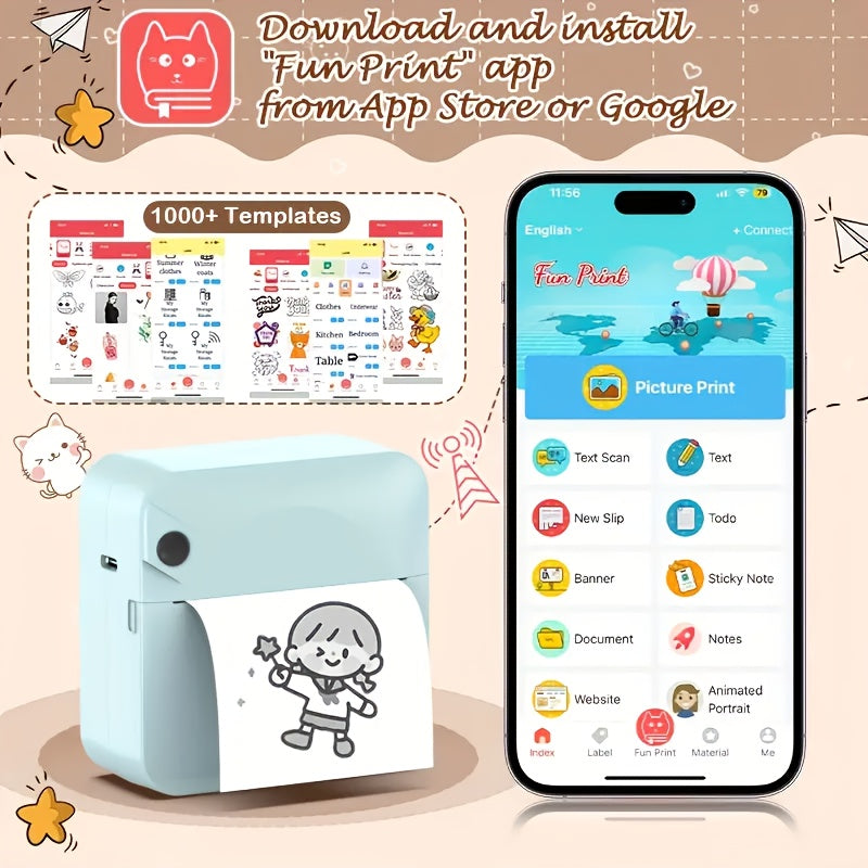 Mini Pocket Thermal Printer Inkless Wireless Sticker Photo Printer with 1 Roll Thermal Paper Portable Receipt Printer for Photos Diaries Notes Memos