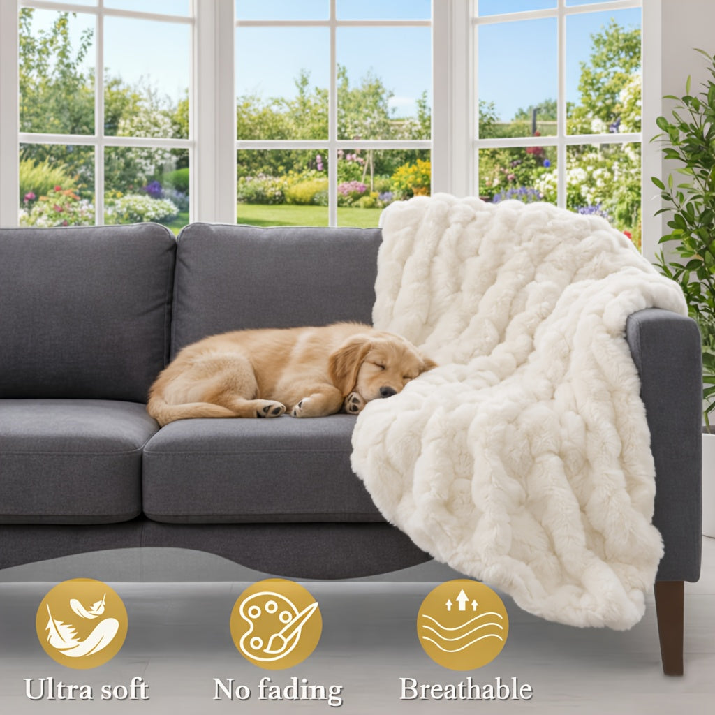 Luxury Faux Rabbit Fur Throw Blanket – Super Soft Plush Warm Blanket for Couch Bed Office Travel, 4 Colors, Throw Twin Queen King, All-Season Gift