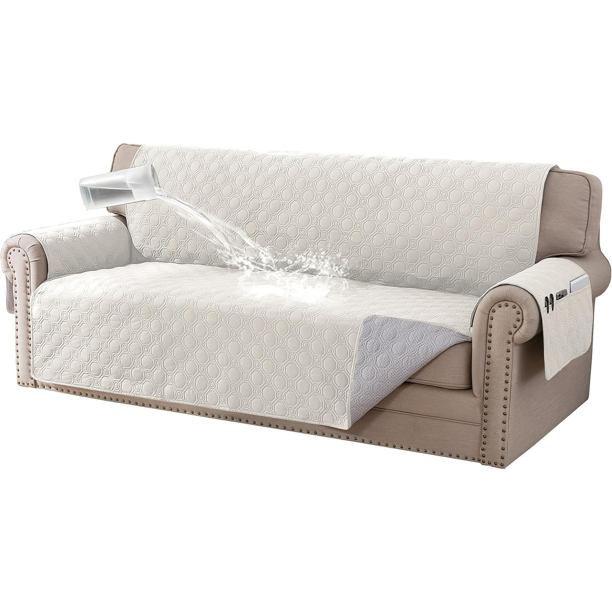 Liquid-Resistant Sofa Cover with Pocket, Geometric Pattern Couch Slipcover Furniture Protector for Pets, Washable Thick Soft 1 2 3 4 Seat Sizes Chair Loveseat Sofa