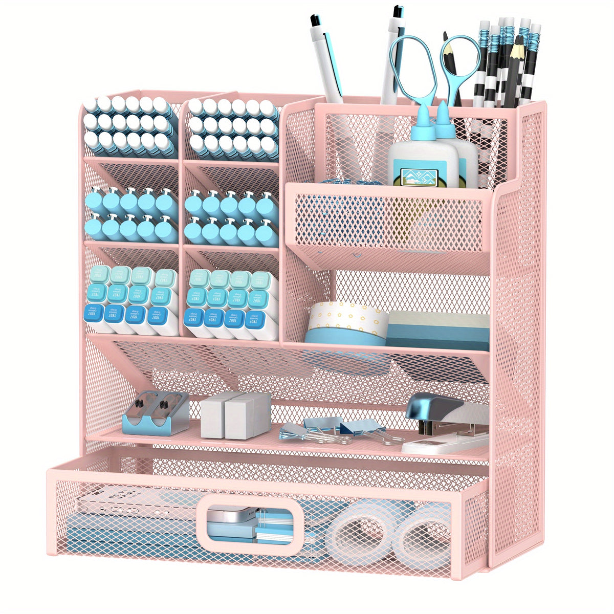 Mesh Desk Organizer with Drawer & Pen Holder – Multifunctional Desktop Organizer for Office Art Supplies, Accessories Storage, Desk Caddy for Home Office School Workspace
