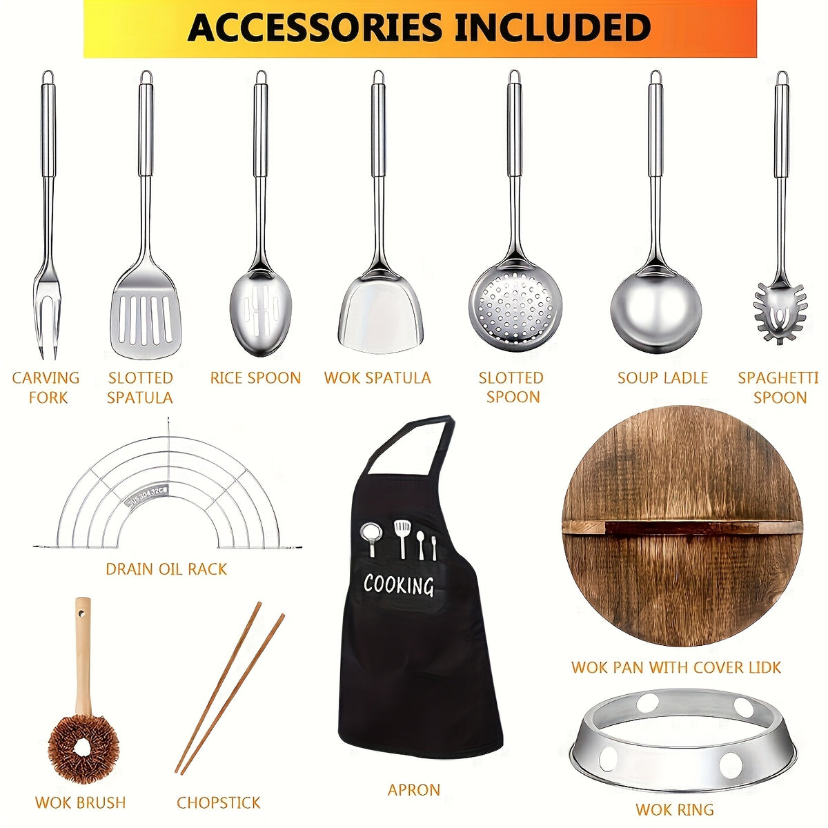 Cast Iron Wok Pan Set 14 Piece 12.6 Inch Flat Bottom with Lid & Accessories for All Stoves – Complete Asian Cookware Set for Stir Frying Camping & Family Cooking
