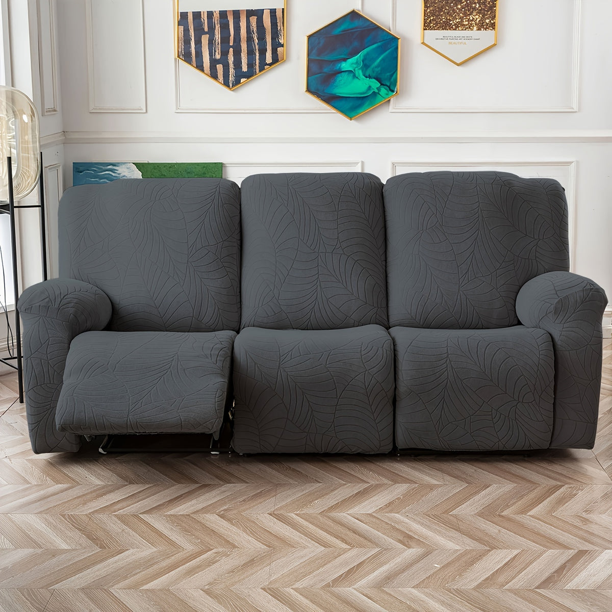 Jacquard Stretch Recliner Sofa Cover – Big Leaves Pattern, 1/2/3 Seater & Loveseat with Console, Winter Insulation Soft Washable, 6 Colors