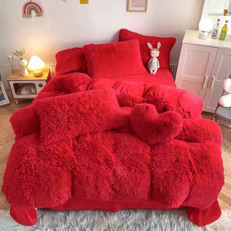 Velvet Duvet Cover Set Queen King Twin - Faux Down Flannel Bedding with Pillowcases & Bonus Heart Pillow, Zipper Closure Plush Thermal All-Season, 8 Colors 3/4-Piece