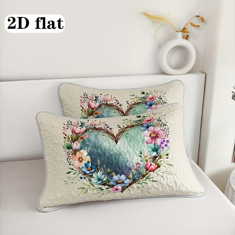 Quilted Quilt Set 2-3 Piece Floral Love Heart Print – Soft Breathable Hypoallergenic Bed Cover with Pillowcases for Twin Full Queen King, Multicolor Bedding