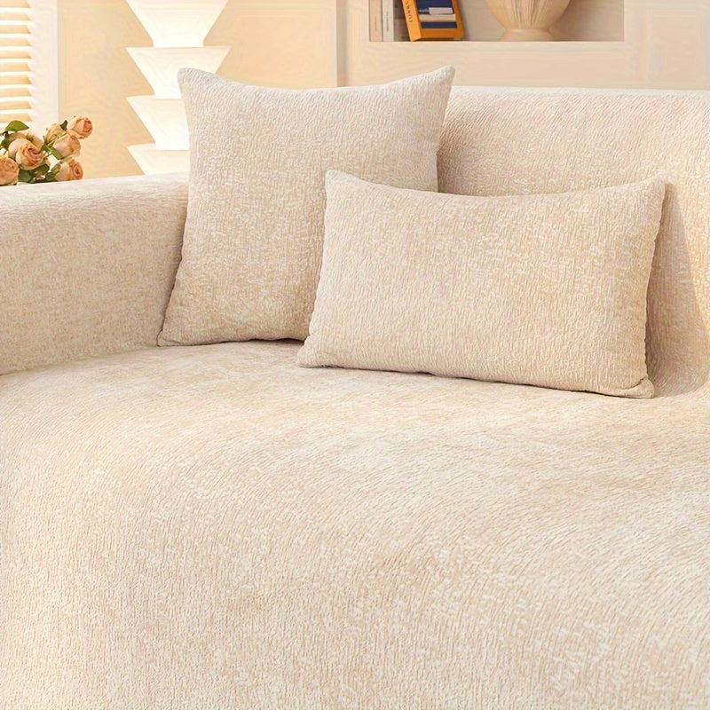 Soft Chenille Sofa Throw Cover with Fringes Durable Pet-Friendly Solid Couch Protector Slipcover for Living Room Sectional Armchair Home Decoration