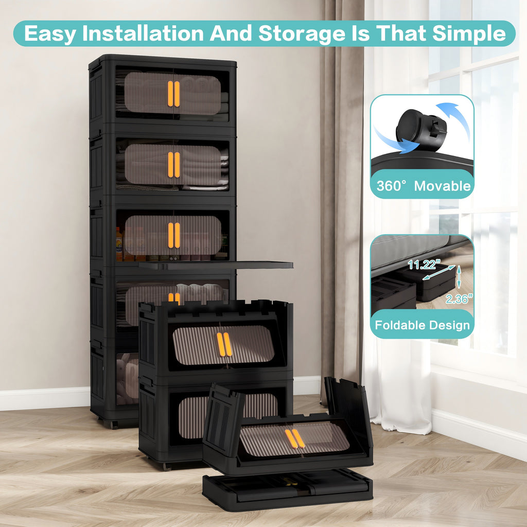Collapsible Storage Locker with Locking Wheels – 4/5 Tier Double Door Plastic Bin Organizer, Stackable Space-Saving Storage Cabinet for Closet, Dorm, Office, Garage, Bedroom & Gym