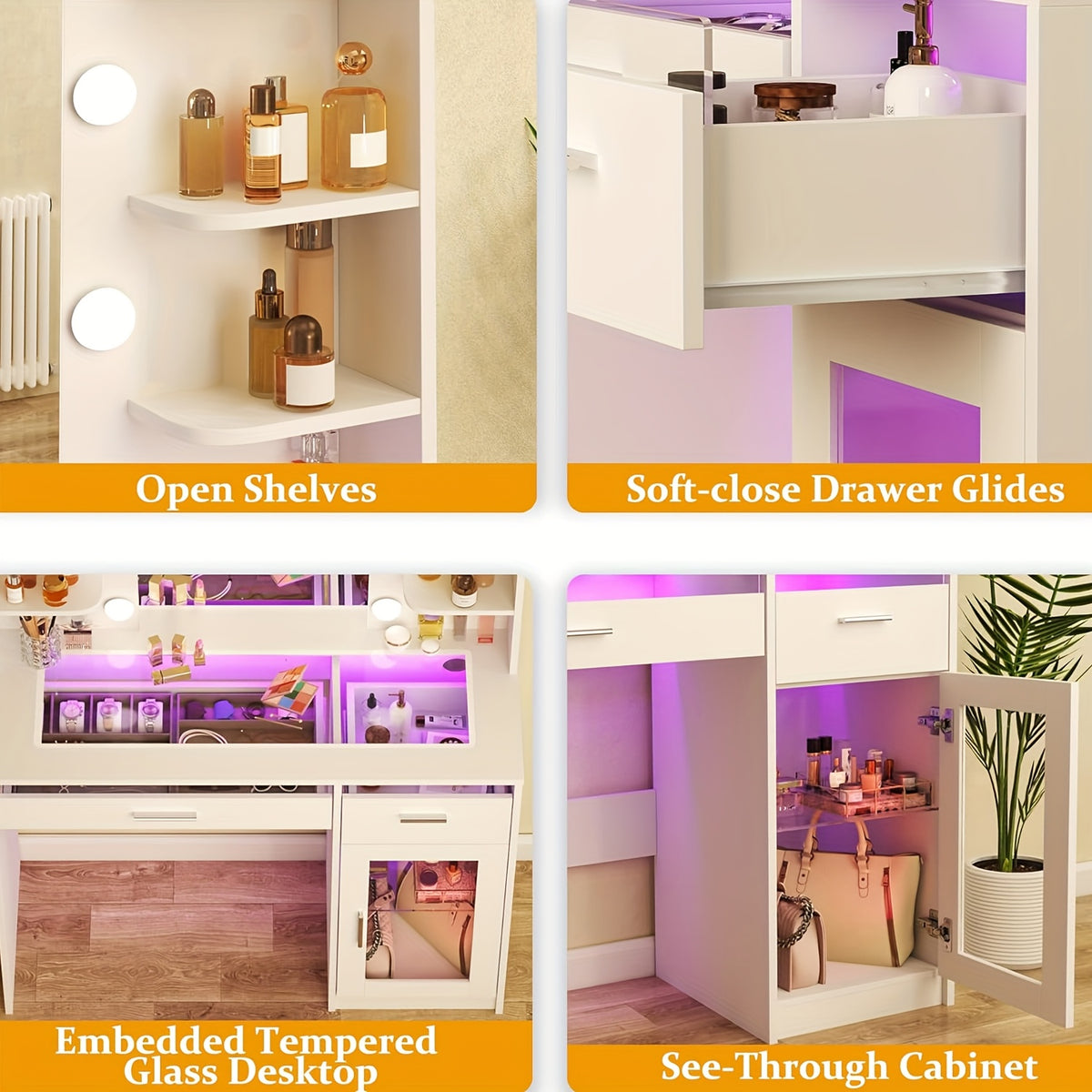 Vanity Desk with Lighted Mirror | 3-Color LED Lights, Multiple Drawers, Open Storage & Power Outlet – White Bedroom Makeup Vanity