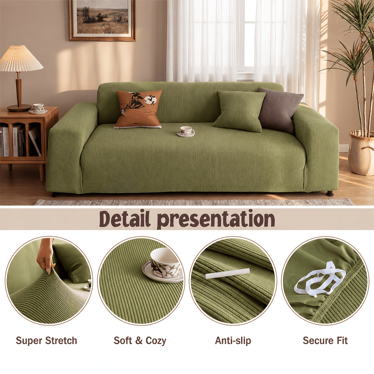 Sofa Slipcover with Skirt – Stretch Jacquard Full Coverage Couch Cover, Pet Proof Non-Slip Machine Washable, Fits 1 2 3 4 Seater Sofa for Living Room Bedroom, All Season Furniture Protector