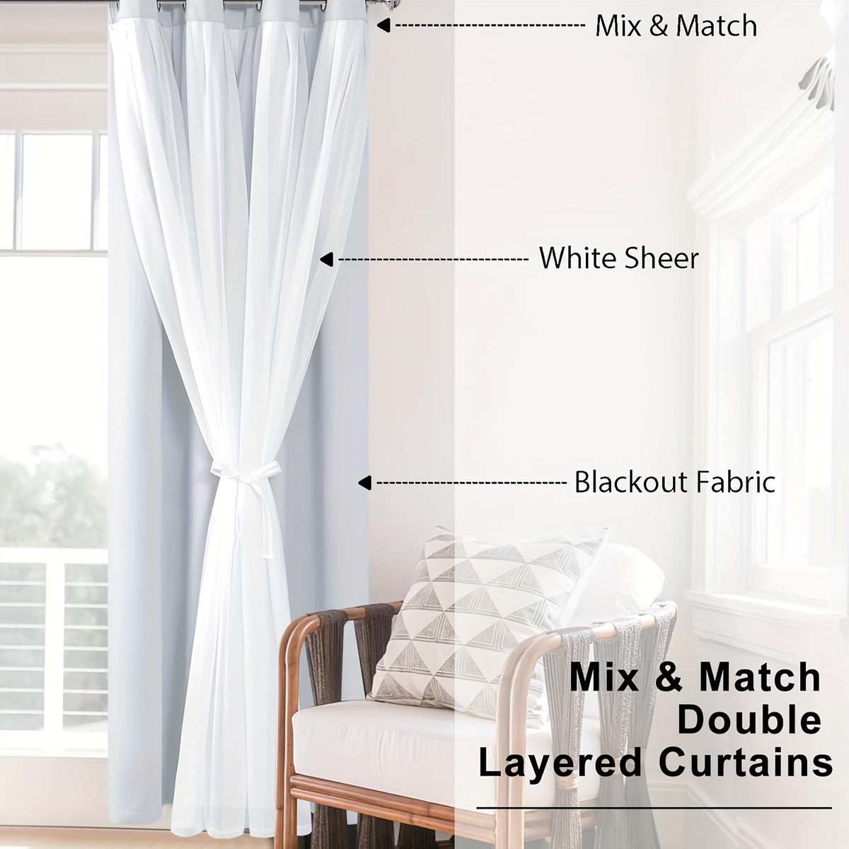 Double Layer Blackout Curtains with Sheer Overlay 2 Panels - Grommet Top Thermal Insulated Mix & Match Window Drapes with Tiebacks for Bedroom Living Room, All Season
