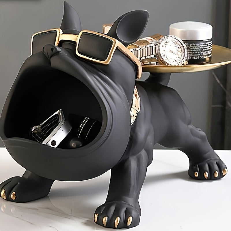 Decorative Resin Bulldog Tray Statue Modern Dog Figurine Key Tray Entryway Organizer Candy Jewelry Earring Tray Holder Home Office Dining Table Decor Desk Accent Christmas New Year Gift Dog Lover