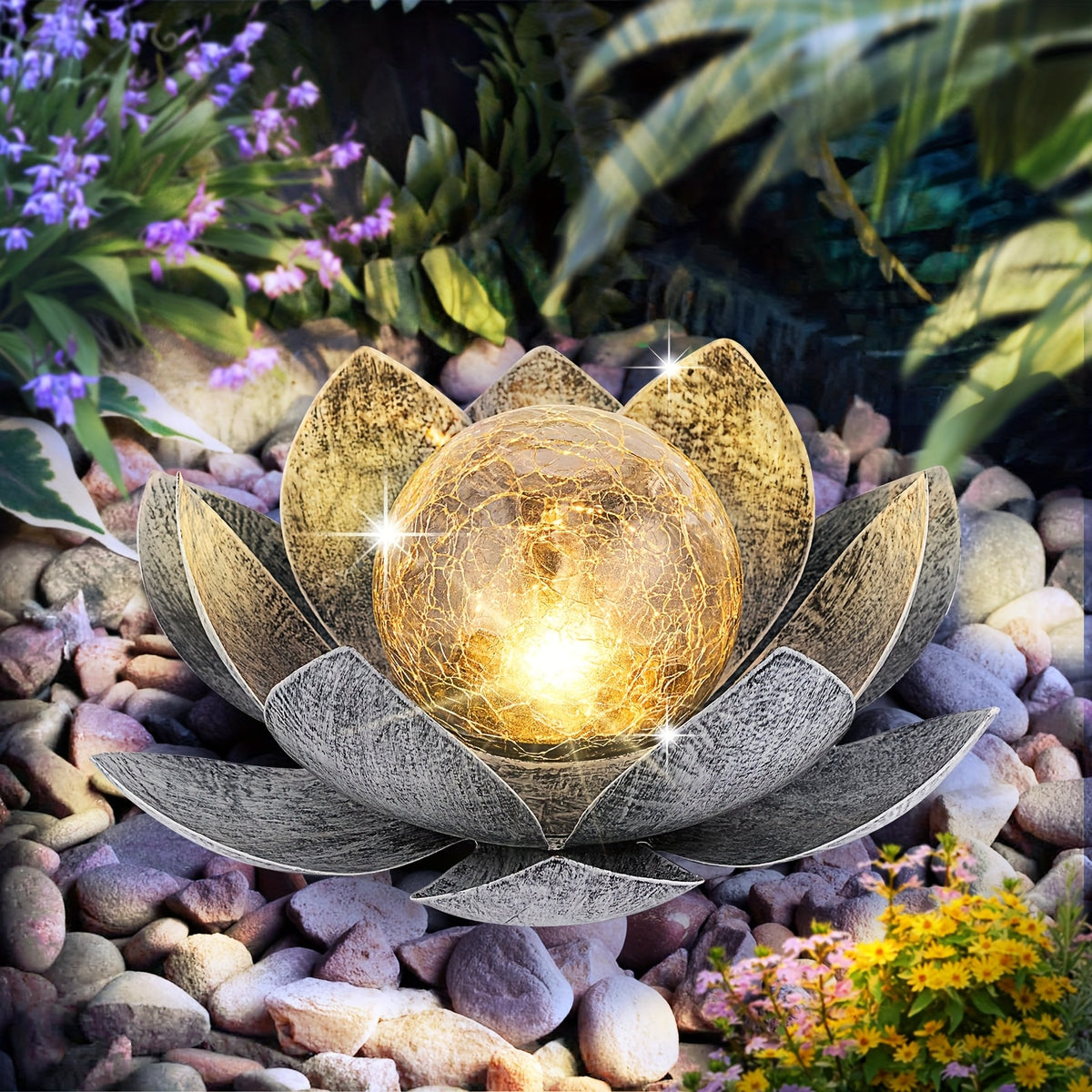 Solar Lotus Flower Garden Light with Cracked Glass Globe & LED Beads, Waterproof Outdoor Stake Light for Patio, Lawn, Steps & Yard, Auto Dusk-to-Dawn, Black White Solar Decorative Landscape Light