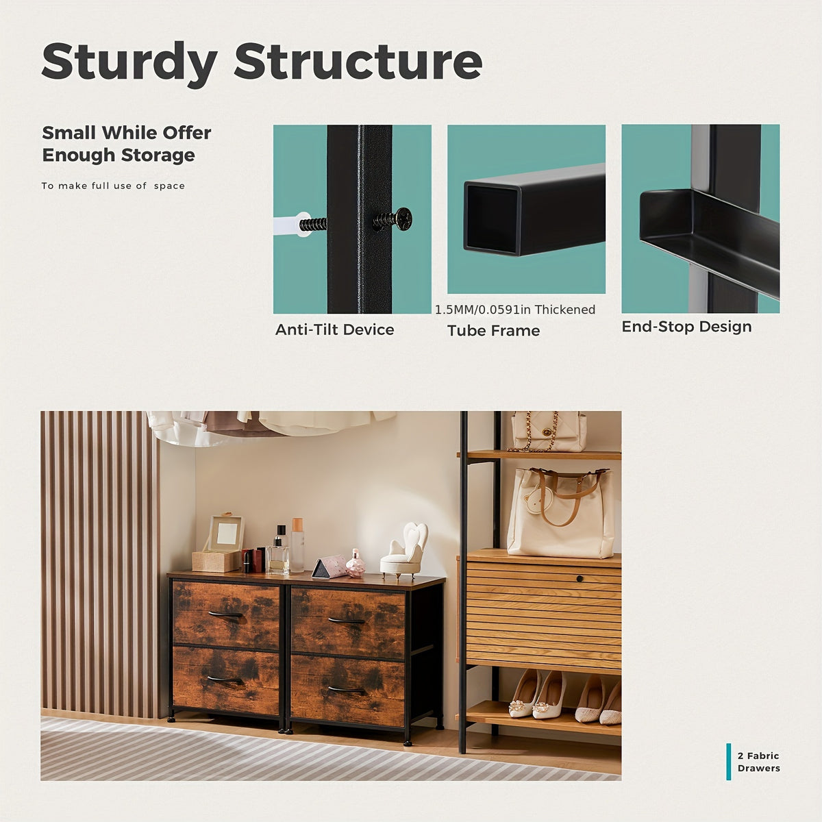 Nightstand with 2 Drawers & Removable Fabric Bins - Small Bedside Dresser for Bedroom, Dorm, Entryway & Small Spaces, 1pc or 2pcs Set, 4 Colors