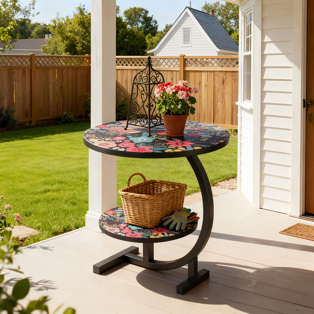 2-Tier Metal Outdoor Side Table, Floral Round Balcony & Patio Table, Sturdy Compact Design, Easy Assembly, for Patio, Courtyard, Balcony & Garden — Multiple Styles