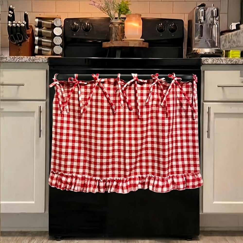 Farmhouse Oven Skirt Curtain – Handmade Checkered Ruffled Drawstring Decorative Panels for Oven, Stove & Cabinet Covers | Rustic Kitchen Appliance Decor | Nuvia Haven