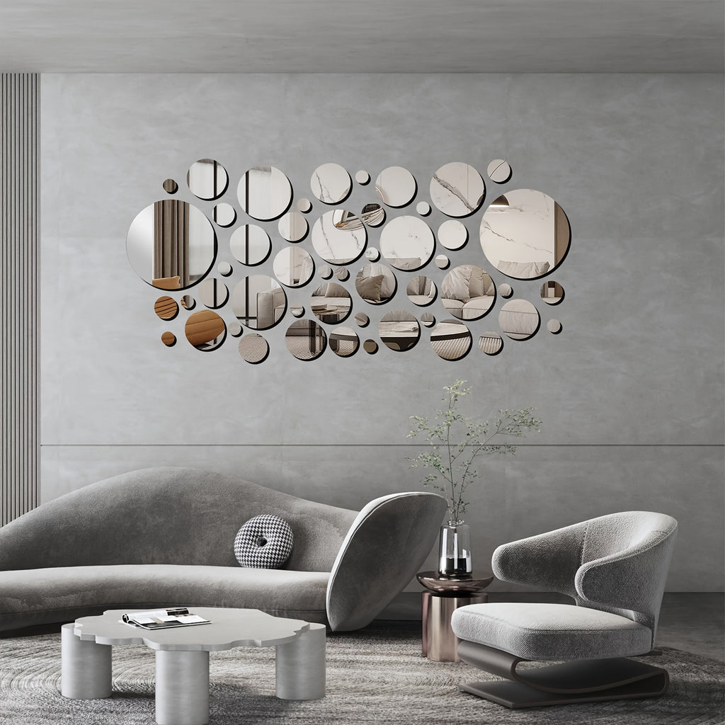3D Mirror Wall Stickers 50pcs Round Self-Adhesive Acrylic Wall Decals in Multiple Sizes 0.9-5.9 Inch, Waterproof Shatterproof DIY Wall Art for Bedroom, Bathroom, Living Room & Office