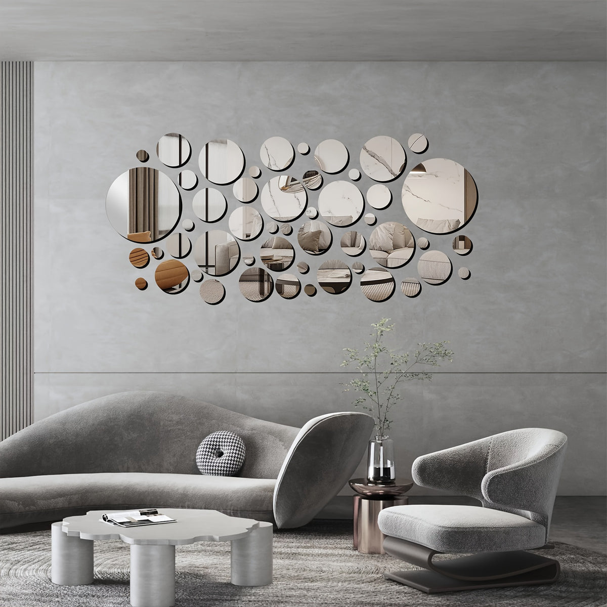 3D Mirror Wall Stickers 50pcs Round Self-Adhesive Acrylic Wall Decals in Multiple Sizes 0.9-5.9 Inch, Waterproof Shatterproof DIY Wall Art for Bedroom, Bathroom, Living Room & Office