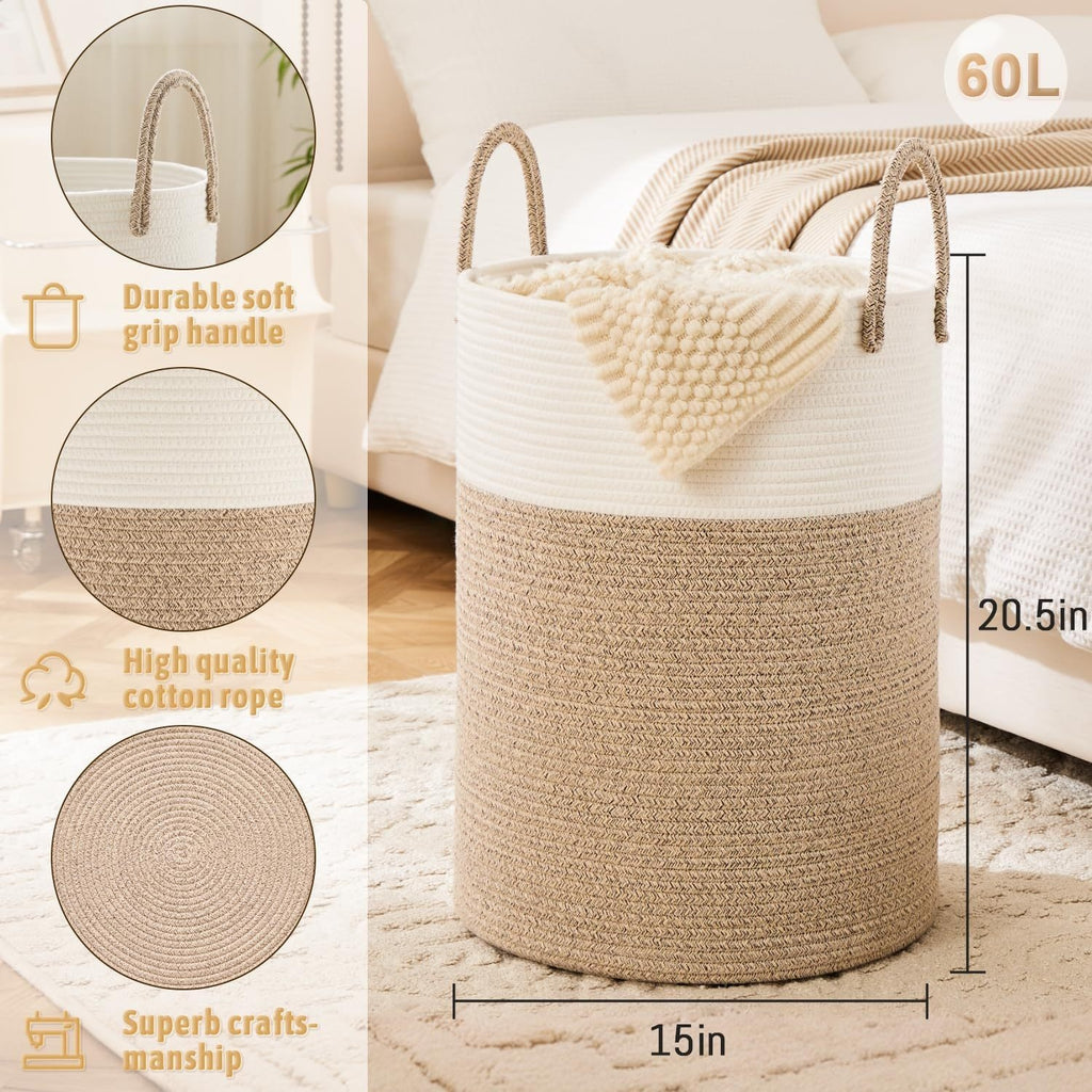 Collapsible Woven Rope Laundry Basket & Hamper - 4 Sizes (12-26 Gal), Cotton Rope Storage Basket for Dirty Clothes, Blankets & Toys, Boho Bathroom Nursery & Living Room Decor