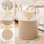 Collapsible Woven Rope Laundry Basket & Hamper - 4 Sizes (12-26 Gal), Cotton Rope Storage Basket for Dirty Clothes, Blankets & Toys, Boho Bathroom Nursery & Living Room Decor