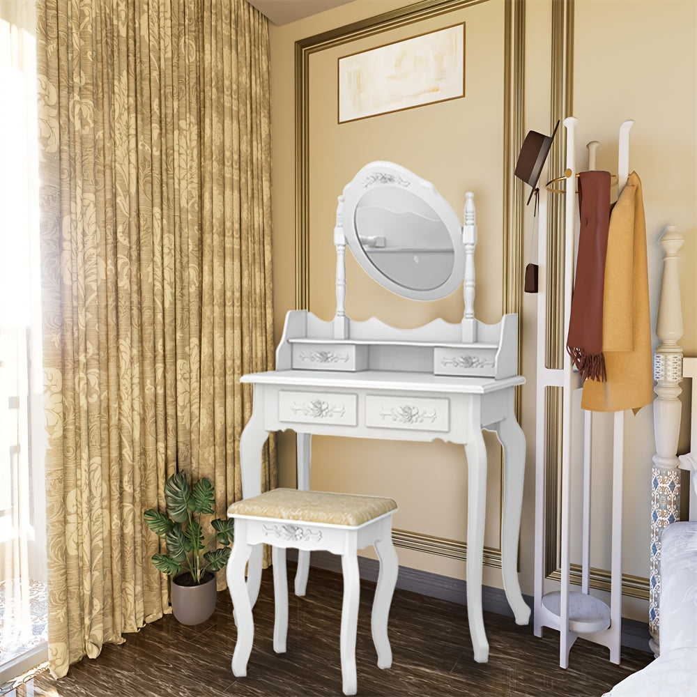 Vanity Desk with Mirror and 4 Drawers 360° Rotating Detachable Dressing Table with Stool – Modern White Makeup Table for Bedroom