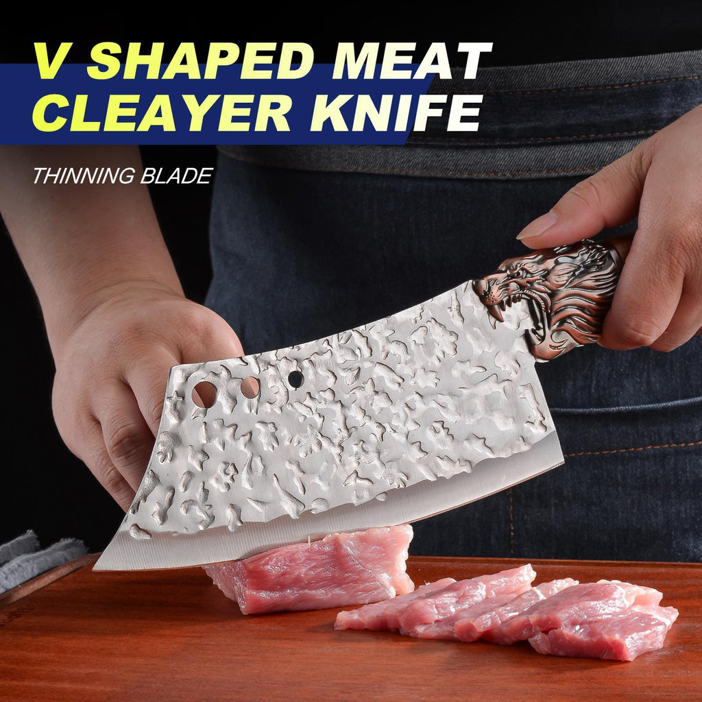Professional Kitchen Knife Set with Forged Carbon Steel Blades, Full Tang Chef's, Meat, Carving & Cleaver Knives Plus Poultry Shears, Upgraded Version, Perfect Gift for Women & Home Cooks