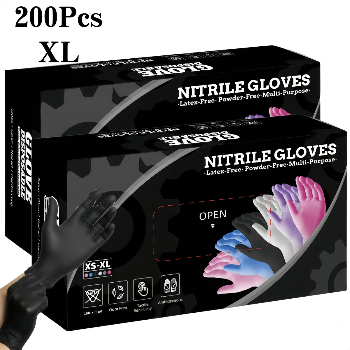 4.5Mil Black Disposable Nitrile Gloves 200-Count – Powder-Free, Latex-Free, Textured Fingertips for Mechanics, Cleaning, Cooking, Beauty & Car Washing | S, M, L, XL