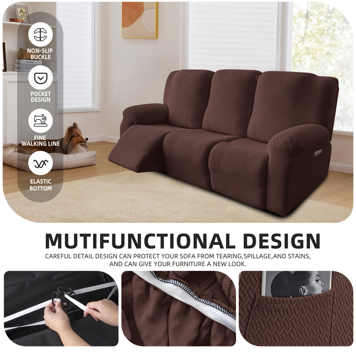 3-Seater Recliner Cover - Plush High Stretch Wear-Resistant Machine Washable Easy Clean Sofa Protector for Living Room and Bedroom