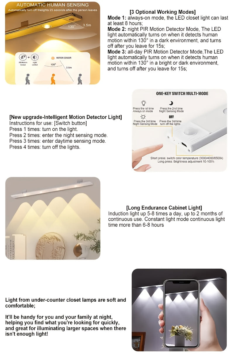 LED Motion Sensor Light Strip USB Rechargeable – Under Cabinet Wardrobe Night Light, 3 Color Modes, Self-Adhesive Magnetic Mount for Kitchen, Bedroom & Shoe Cabinet | 20/30/40cm