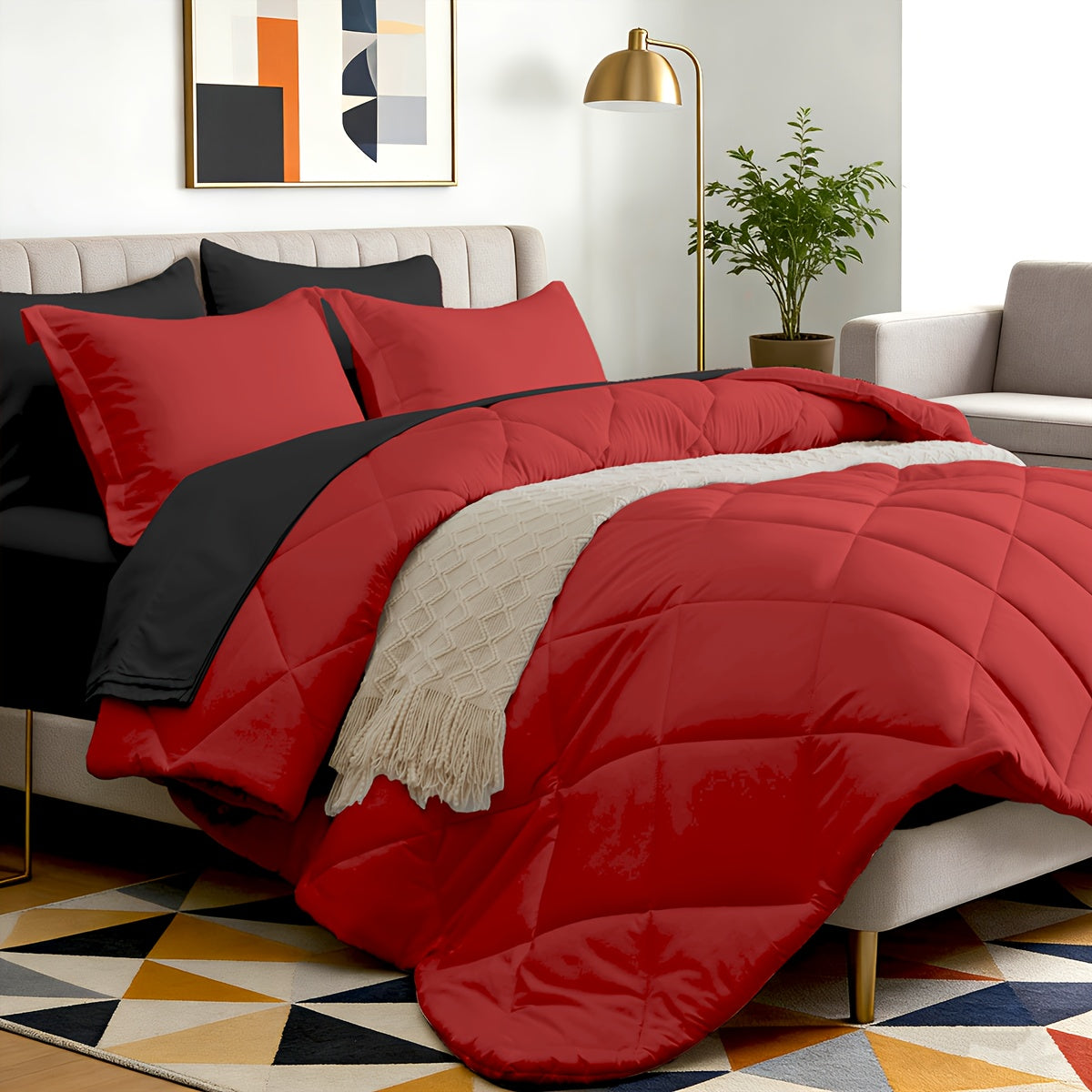Bed in a Bag 7-Piece Double-Sided Checked Comforter Set – Ultra Soft Fluffy All Season Bedding with Flat Sheet Fitted Sheet Pillowcases Shams, Twin XL Full Queen King